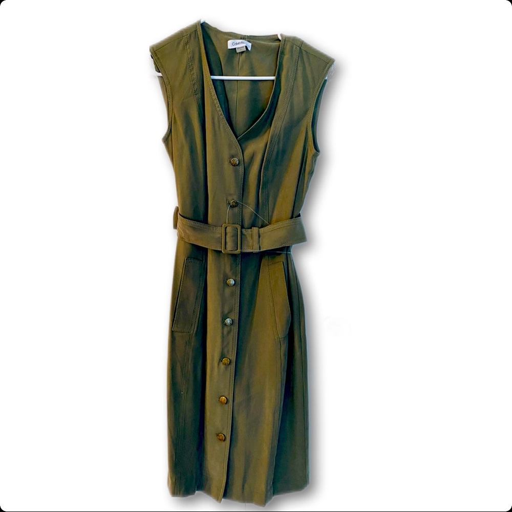 Calvin Klein Olive Green Button Front Dress w/ Belt